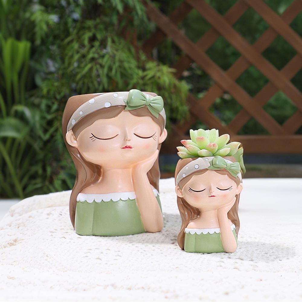 Cute Girl Small Plant Pot Resin Succulent Planter for Home Office Desk Mini Ornament Fairy Garden Flowerpot Decoration