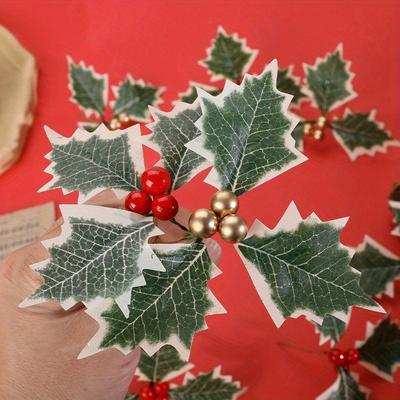 50pcs Luxurious Silk Artificial Holly Berries with Green Leaves - Vibrant Winter Decor for Christmas Wreaths, Cake Toppers, DIY Crafts