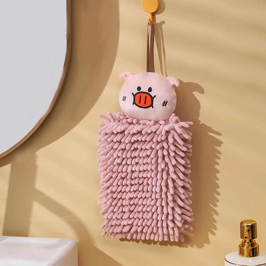 Cartoon Animal Style Hanging Hand Towel Soft Absorbent Microfiber Chenille Hand Drying Cloth with Loop for Bathroom Kitchen Use
