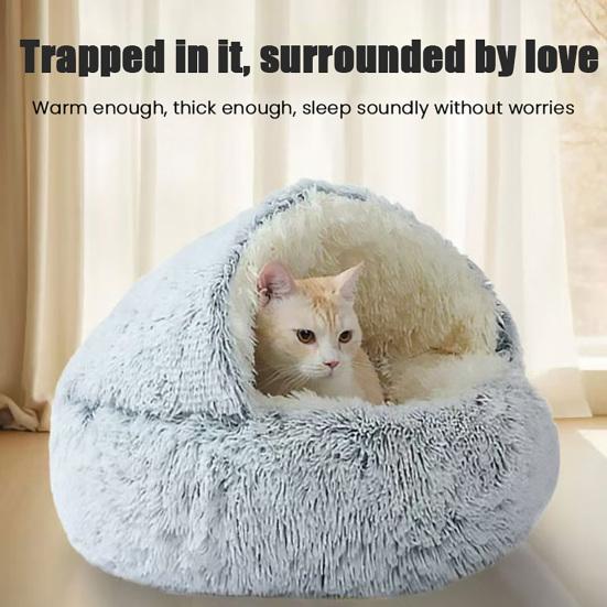 Round Hooded Plush Pet Bed Semi-Enclosed Indoor Small Cat Dog Cave Bed Winter Warm Kitten Puppy Sleeping Nest Pet Supplies