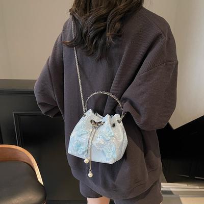 Embroidered Canvas Bag Women's Summer New Niche Chain Messenger Bag Drawstring Bucket Bag