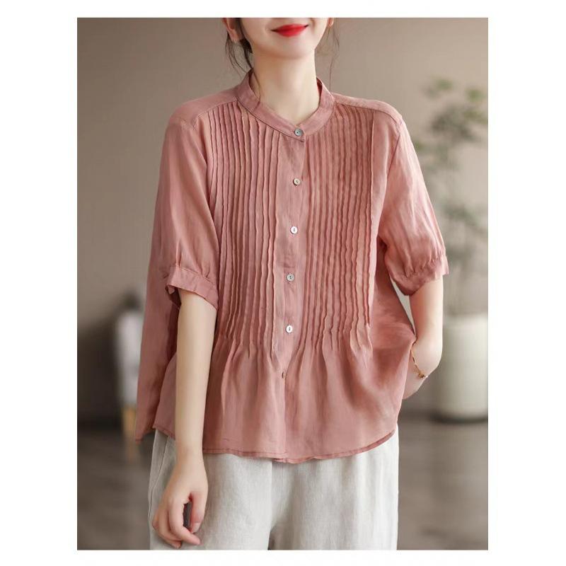 Summer Art Retro Fine Linen Top Women's Thin Cotton Linen Short Sleeved Shirt Blouses & Shirts