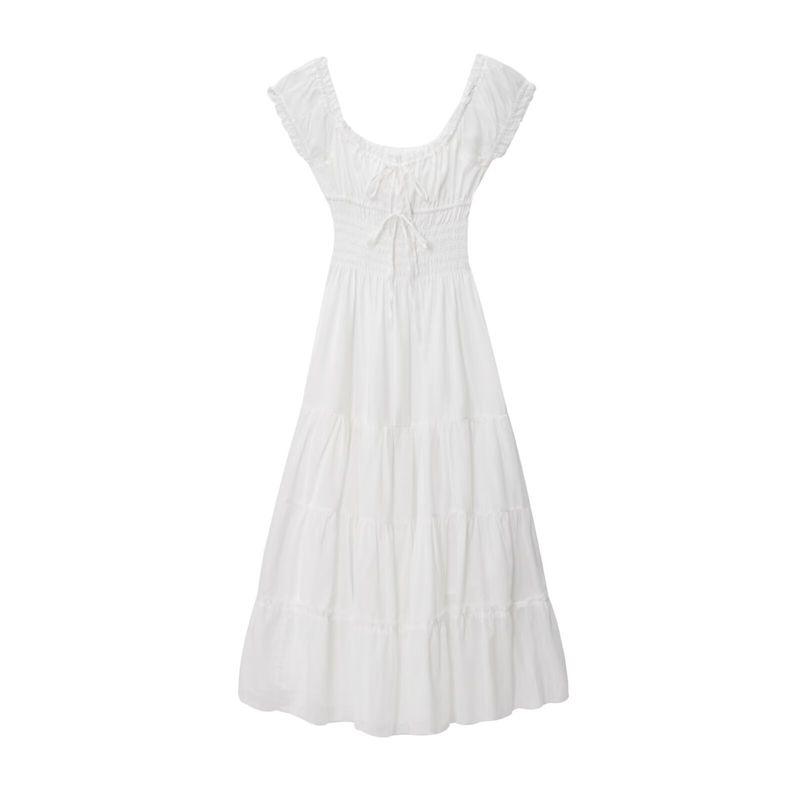 

Kaslead New Women clothes Western Style Simple Temperament French style Double Layer Pure Cotton Waist Hugging Square Collar Long dress White L