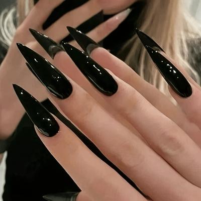 Elegantní lis na nehty ve tvaru mandle - 24 ks dlouhé černé lesklé umělé nehty, čistá barva aura, netoxické, odnímatelné samolepky na nehty pro festivaly, večírky