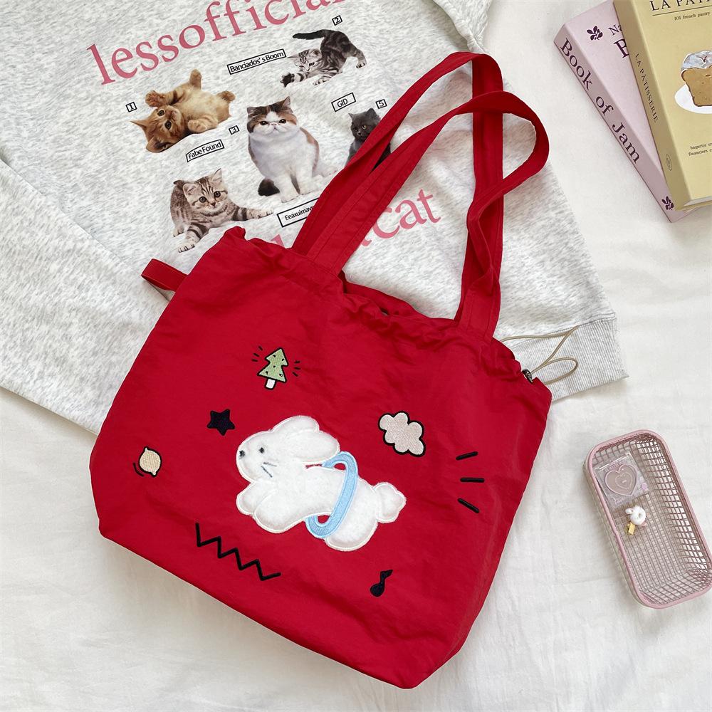 Large Capacity Tote Bag Women's New Embroidered Rabbit Canvas Bag Student Class Commuting Shoulder Bag