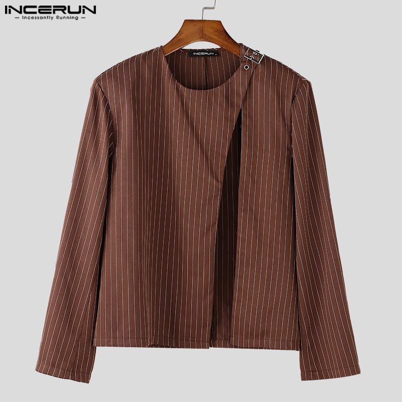 INCERUN Seturi Casual de Pantaloni de Costum pentru Bărbați din Două Piese cu Mânecă Lungă, cu Gât Rotund, cu Dungi și Fante