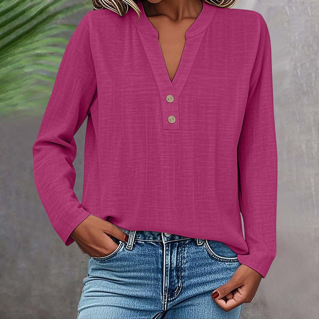 Long Sleeve Linen Tops For Women Loose Fit V Neck Button Down Shirts Cute Solid Summer Beach Tee Shirts