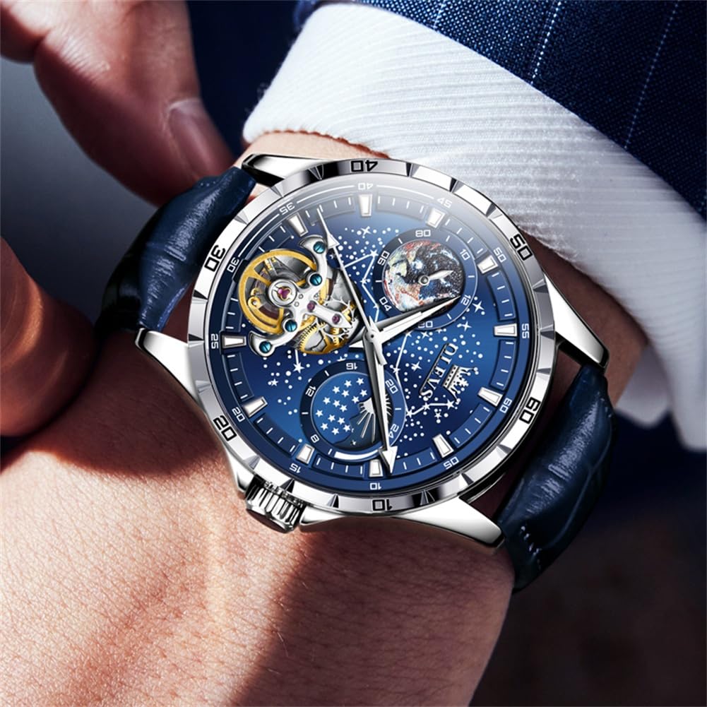 OLEVS Men's Cool Starry Sky Wristwatch, Automatic Mechanical Movement, Luxury Leather Strap, Skeleton Design, Waterproof…