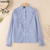 VONDA Womens Casual Stand Neck Ruffled Hem Striped Print Loose Long Sleeve Blouse