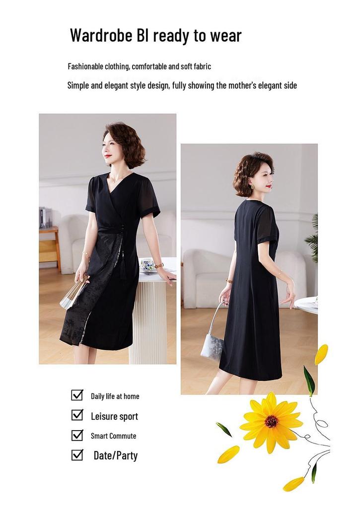 Mother's Plus Size Elegant V-Neck Two-Piece Style Summer Dress - Tummy Concealing, Stylish, Thin, Chinese-Inspired Design