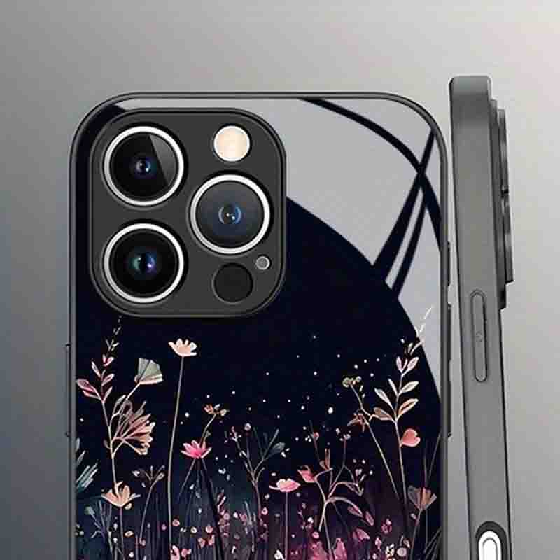 Beautiful Night Floral Pattern Tempered Glass Phone Case For iPhone 17 16 15 14 Pro Max 13 12 11 16E 17 Air 7 Plus XR XS X Cover