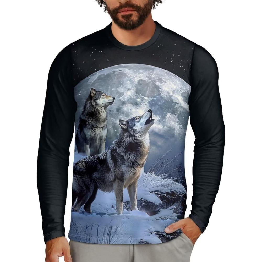 Camisetas Masculinas Estampadas com Gráfico de Animal Lobo em  3D, Casual Urbano de Rua para Exterior, Camisetas de Manga Comprida Confortáveis de Outono com Gola Redonda