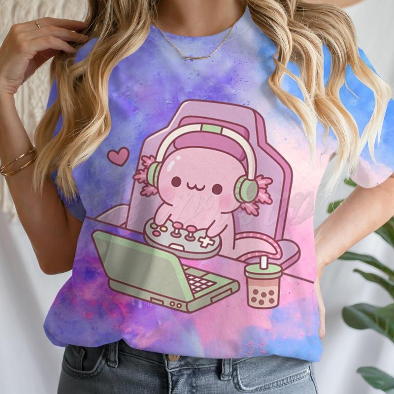 Cute Axolotl Playing Games T-shirt Female Casual Summer Drink Top Tie Dye Boba Tea Cartoon T-shirts Gamer Funny Short Sleeve Tee S