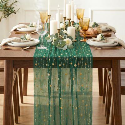 4PCS Golden Foil Stars Tulle Table Runner 70X300CM Glitter Stars Metallic Foil Gauze Table Runner For Wedding Birthday Party