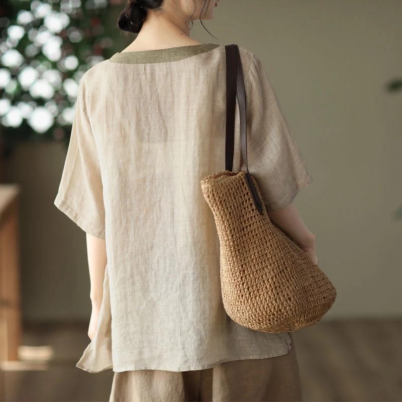 Women Tops Ruffle Sleeve Buttoned Cotton Linen Blouse Women's Fashion Embroidery Spliced Solid Color Summer Female Clothing Vintage