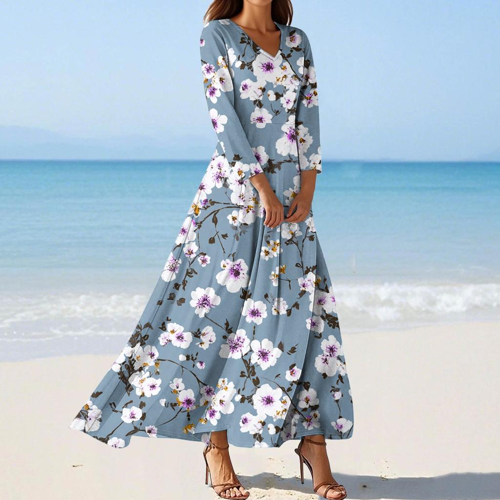 Women's Fashion V-Neck Floating Beach Dresses Seven Sleeve Floral Printed Dresses