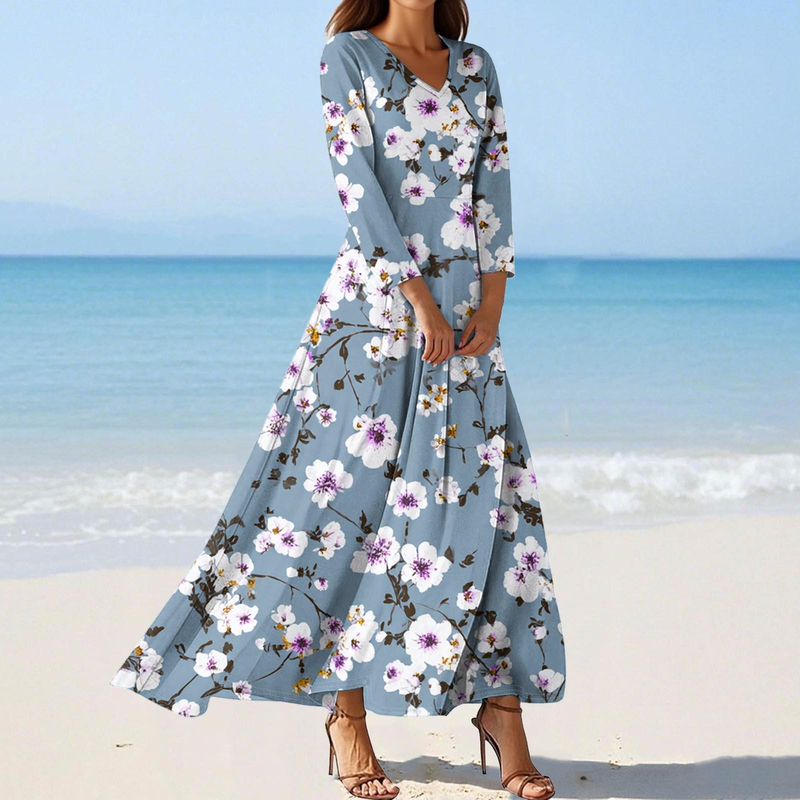 

Women s Fashion V-Neck Floating Beach Dresses Seven Sleeve Floral Printed Dresses XL білий