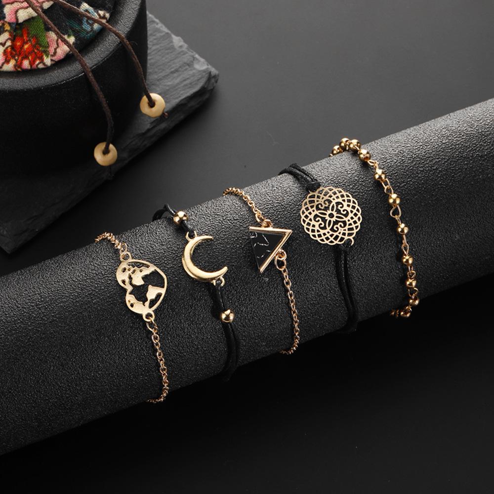 Ensemble de Bracelets Lune Triangle Turquoise Noir Style Européen et Américain - 5 Pièces