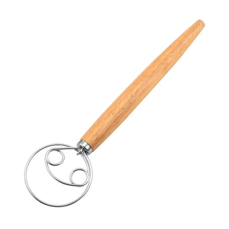 Stainless Steel Dough Whisk, Bread Mixer Oak Handle Milk Baking Flour Mixer Smooth Tool Coil Mixer Kitchen Cooking Tool