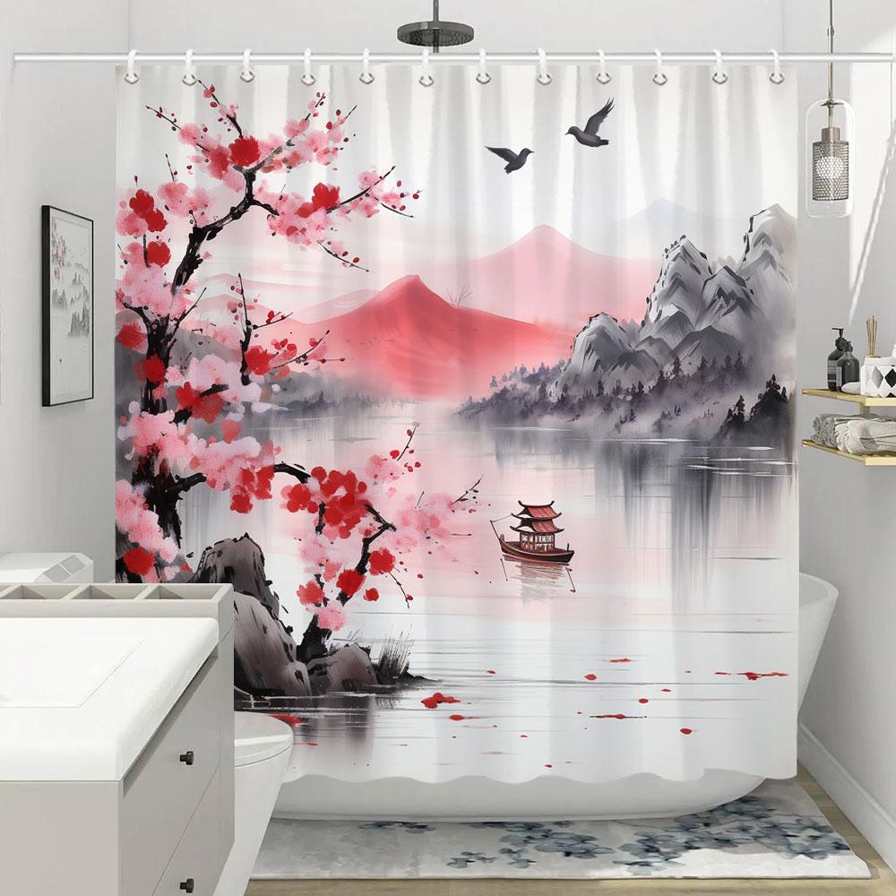 Shower Curtain Red Plum Blossom Branch Japanese Chinese Oriental Sun Misty Mountains Ink Nature Landscape Bathroom Curtains