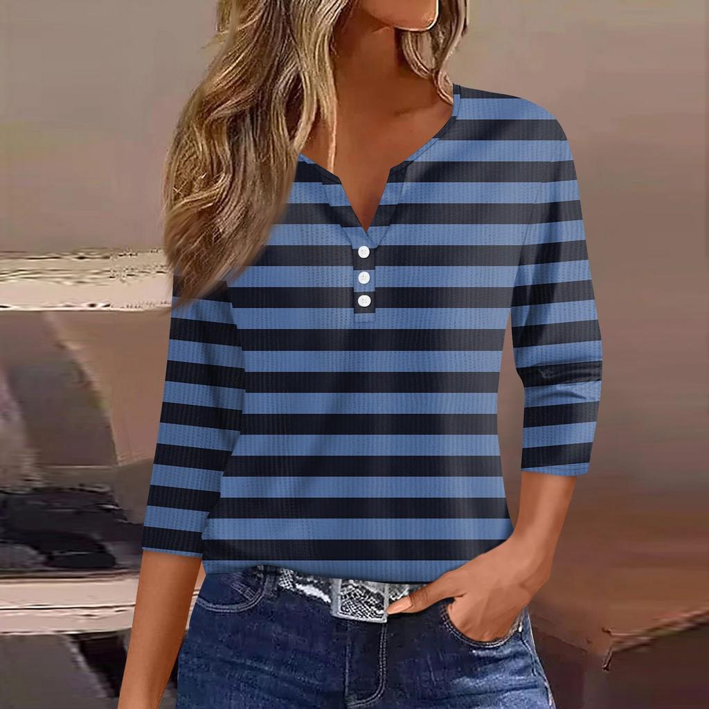 Women's T Shirt Tee Print Button 3/4 Sleeve Knit Sweater Daily Weekend Fashion Basic V- Neck Regular Top