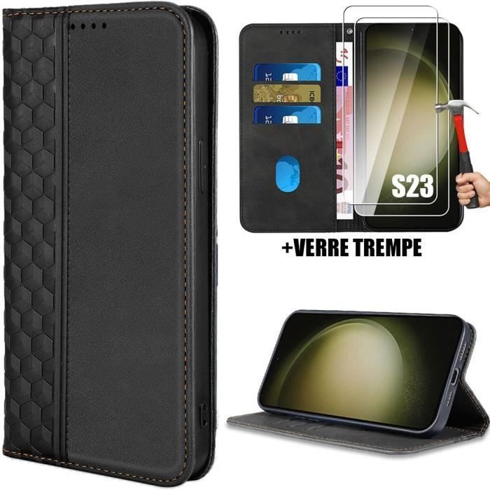 Coque - BOOLING - pour Samsung Galaxy S23 - Effet Cuir - Protection Magnétique - Noir - 2 Verres Trempés