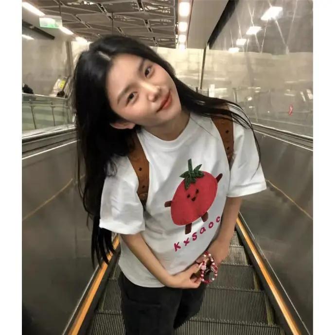 

Creative Japanese Cartoon Tomato Letter Print Shortsleeved Tshirt for Women with Allmatch Wide Round Neck Top Tshirt Y2K Top S