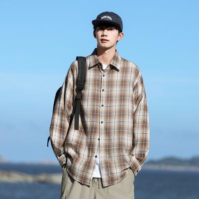 Retro Shirt Men's No-iron Outer Wear Spring and Autumn Plaid Shirt Stacked Inside Wear Teen Shirt Jacket