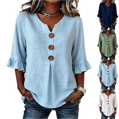 Women's Spring/Summer Casual Color V-Neck Cotton Linen Button-Up Top