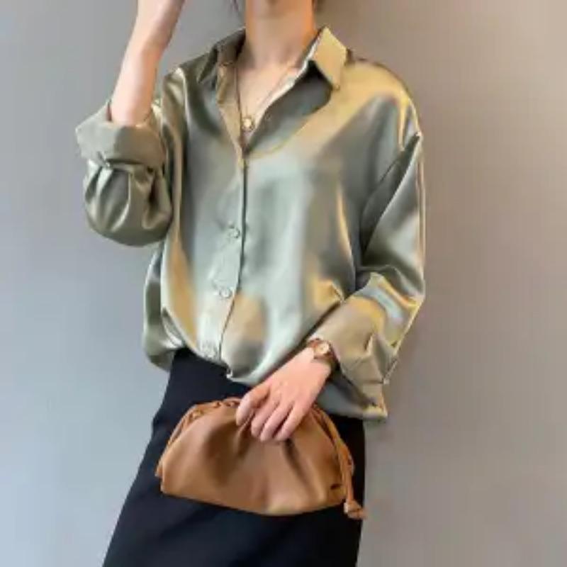 Satin White Shirt Women's New Summer Design Niche Thin Retro Hong Kong Style Drape Long-sleeved Shirt