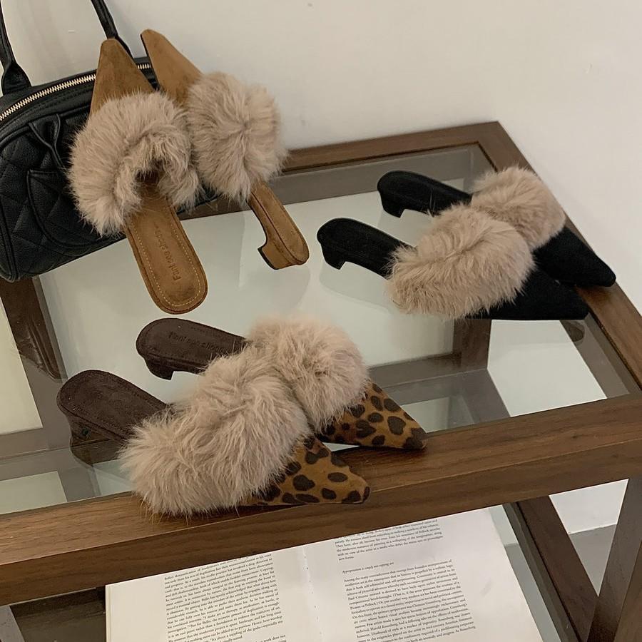 White Fluffy High Heels Pointed Slippers Women Wear Autumn and Winter Plush Fluffy Shoes Temperament Thin Heel Bag Head Sandals Men