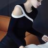 2025 Women's Korean Black Contrast Off-Shoulder Knit Top - Stylish and Unique Early Autumn Design