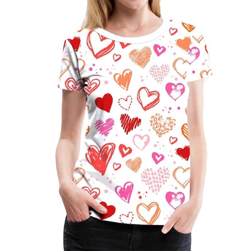Summer Red Heart 3D Print T-shirts Women Streetwear Casual Fashion Harajuku Short Sleeve T Shirt O-neck Tops Clothing