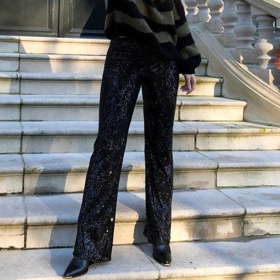 Damenhose Mittelhoch geschnitten Einfarbig Glitzernde Pailletten Lässige Hose Weites Bein Bühnentanzhose