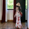 Red Rose Print Collar Chiffon Dress Women's Summer New Design Sense Careful Machine Vacation Long Skirt