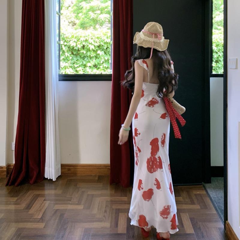 Red Rose Print Collar Chiffon Dress Women's Summer New Design Sense Careful Machine Vacation Long Skirt