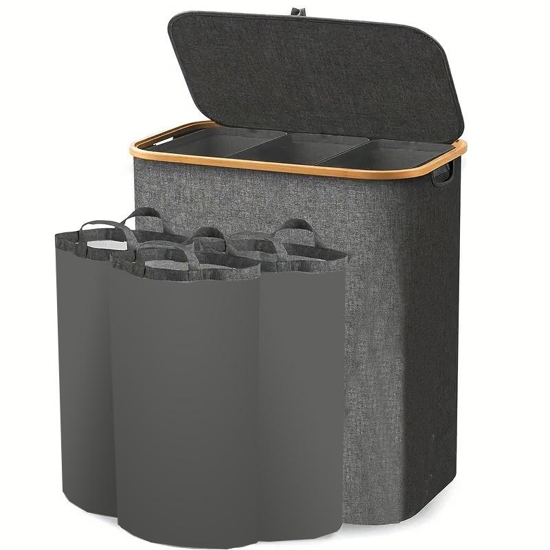 Foldable Bamboo Laundry Hamper with Lid and Inner Bag for Bedroom Storage.