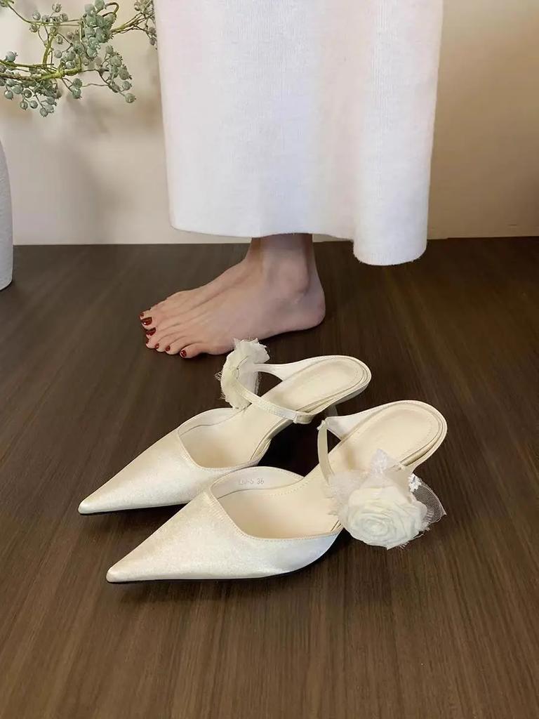2025Women's Flower Slippers Pointed Toe Thin Heels Satin Cover Toe High Heel Dress One Kick Mature Elegant Zapatillas De Mujer