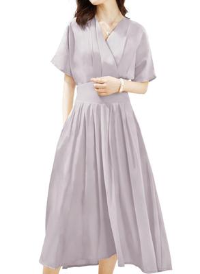 Yino Maxi Elastic Long Chiffon Plus Short Loose Summer Dress Women's Dress, V-Neck, Chiffon, Waist, Dress, Sizes, Sleeves, Lined, Fit, Slimming,