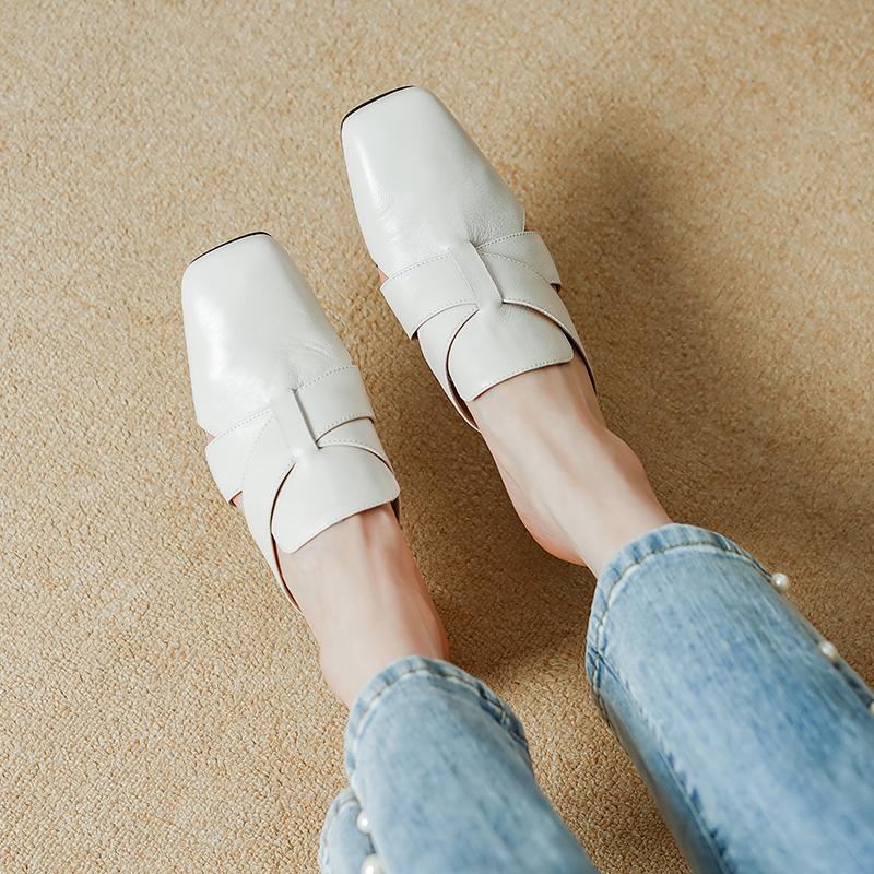 Fashion 2024 Summer Women Mules Genuine Leather Women Shoes Square Toe High Heel Slippers Cover Toe Slingback Sandals Embroidery Shoes