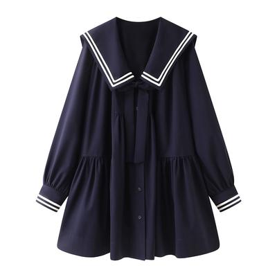 In Stock: 2026 Spring Women's Academy Style Sailor Collar Long Sleeve Shirt Dress