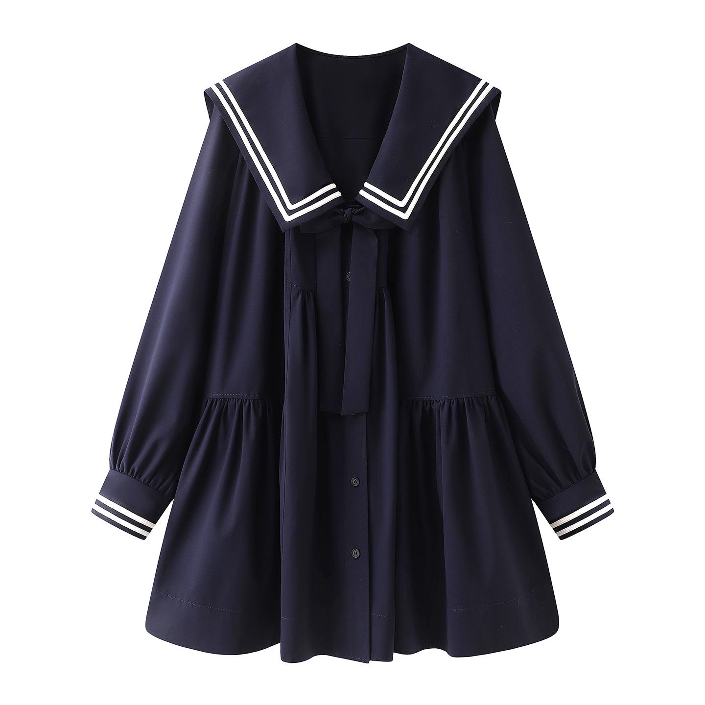 In Stock: 2026 Spring Women s Academy Style Sailor Collar Long Sleeve Shirt Dress S темно-синий