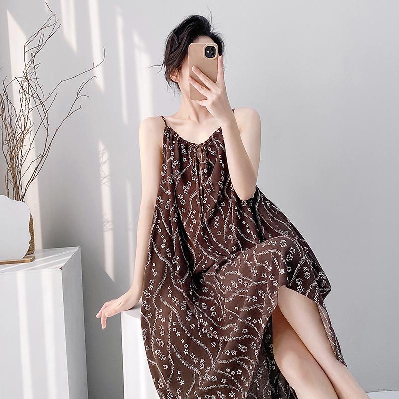Suspender nightgown women's summer sexy long can wear cotton silk pajamas spring and autumn thin high-end loungewear