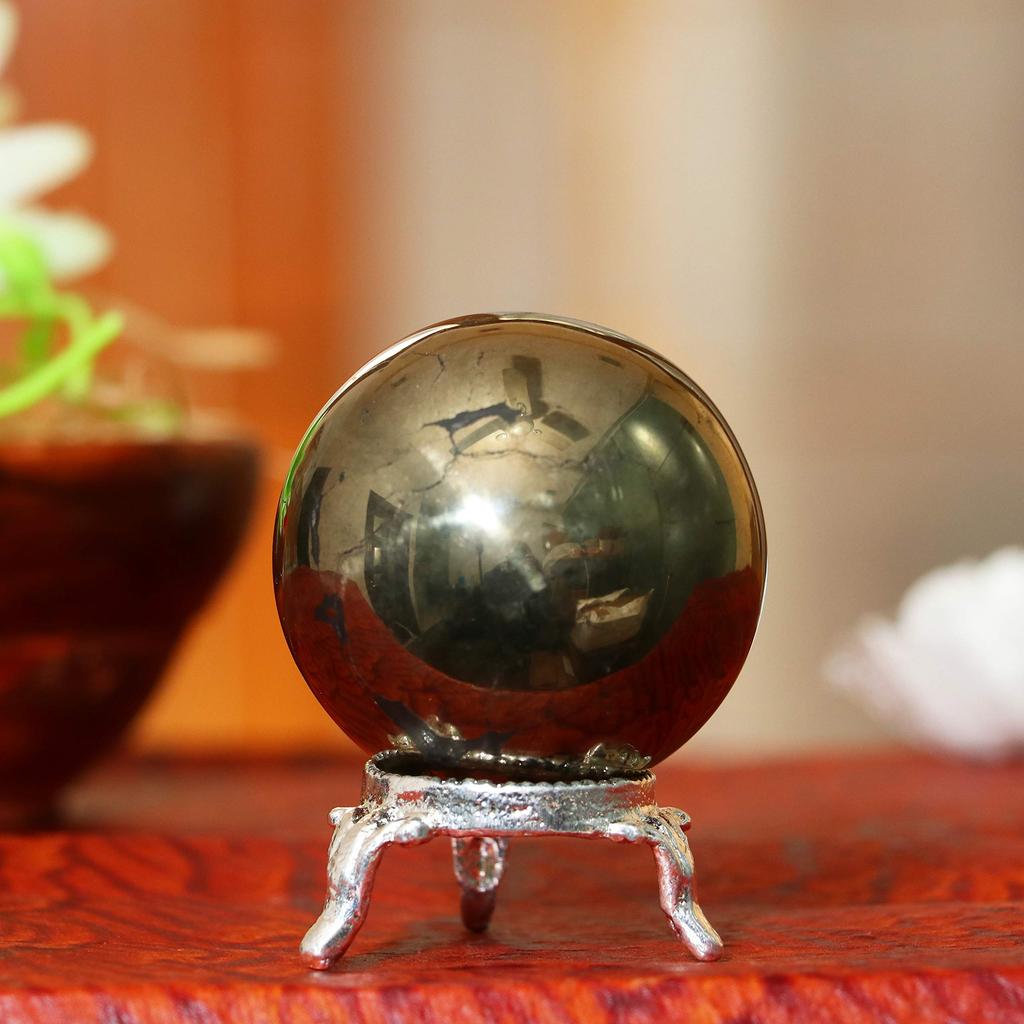 Crocon Golden Pyrite Crystal Ball with Metal Stand Gemstone Ball Healing Sphere Sculpture Figurine For Feng Shui Fortune Telling Home Decor Photo