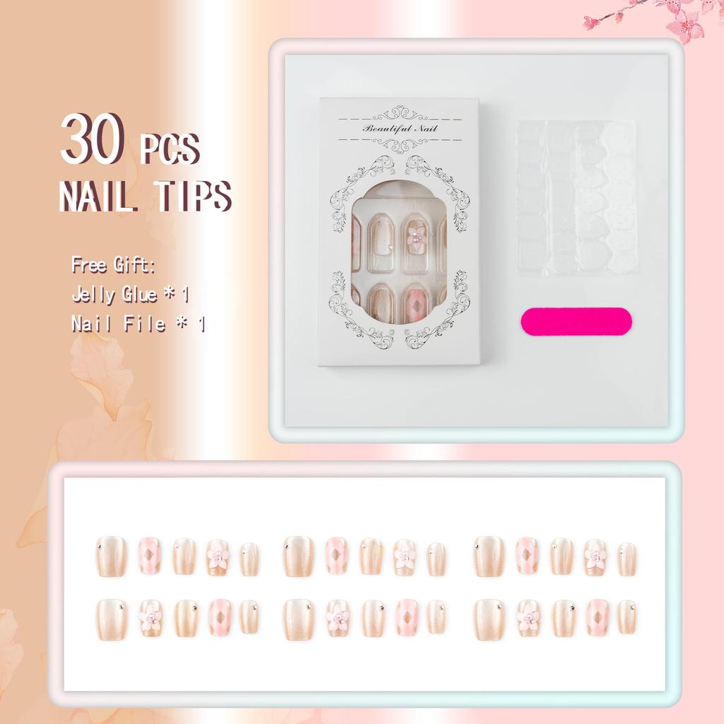 30 Pieces of Three-dimensional Small White Flower Bright Cat Eye Gilt Light Luxury Short Ladder Wearing Nail Boutique Nail Art
