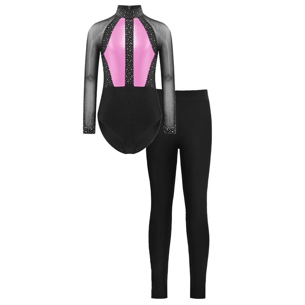 Κολάν με Ριπίδια και Στρας για Κορίτσια, Color Block, Patchwork, Διχτυωτό, Μακρυμάνικο, Σετ Γυμναστικής