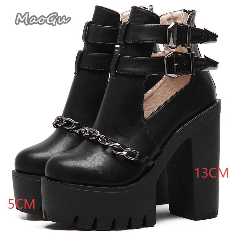 Fashion Punk Style Super High Heel Goth Boots Black Chunky Heeled Metal Decor Women's Ankle Boots Platform Botas Mujer Size35 42 Botines