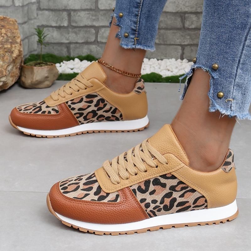 New thick-soled low-top lace-up leopard print sneakers women's large-size splicing casual shoes