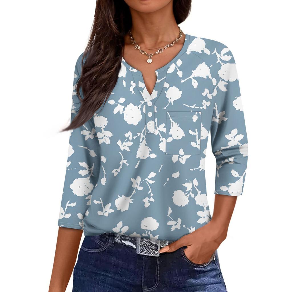 Women's Casual Fashion V-neck Loose Versatile Floral Print Three-quarter Sleeves