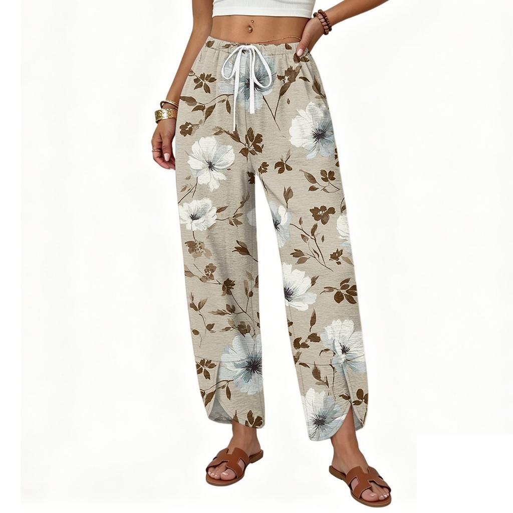 Women's Casual Loose Straight Leg Drawstring Printed Long Pants with Relaxed Fit Lightweight Breathable Fabric for Everyday Wear